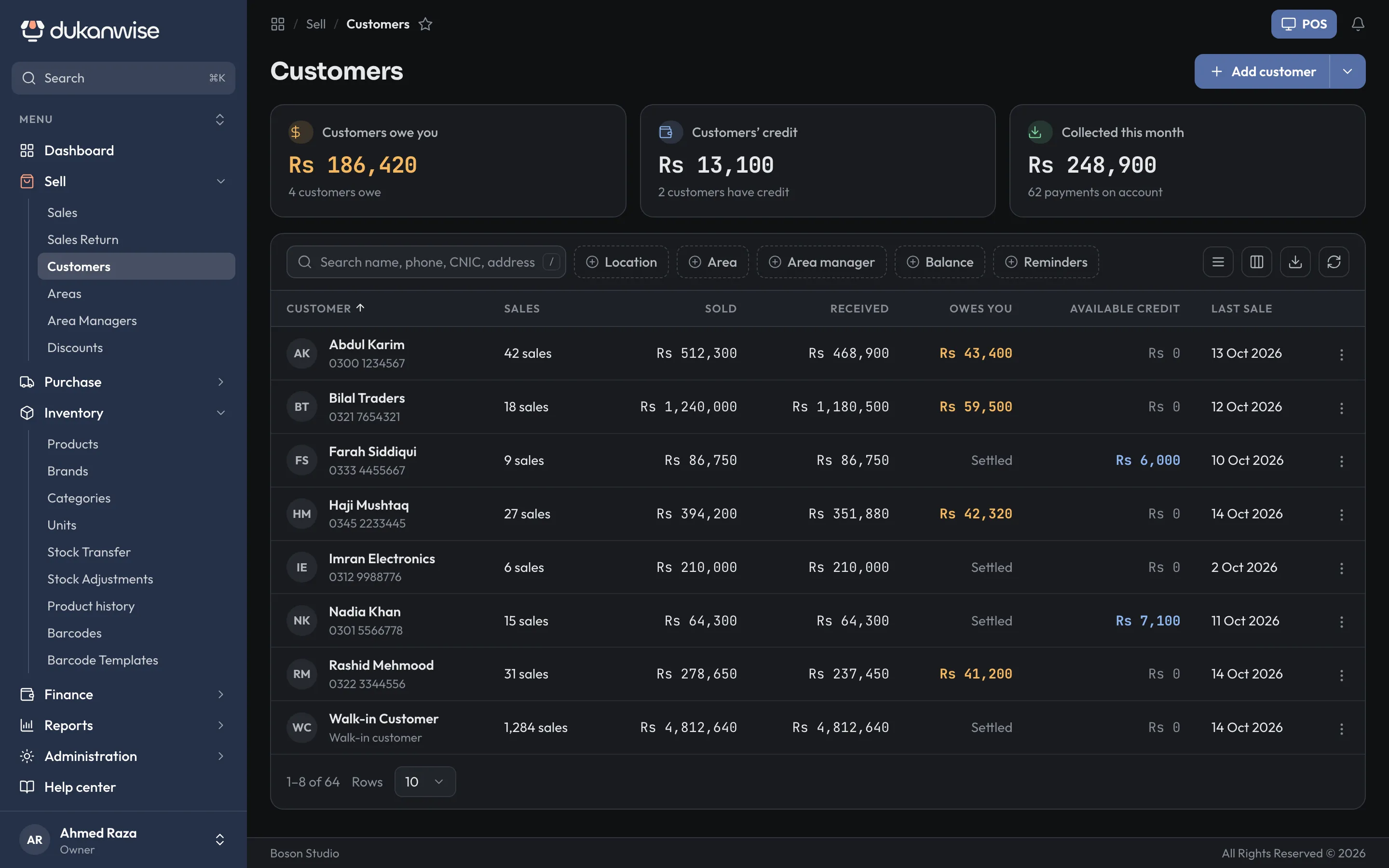 The customers list with each balance owed and the last sale date