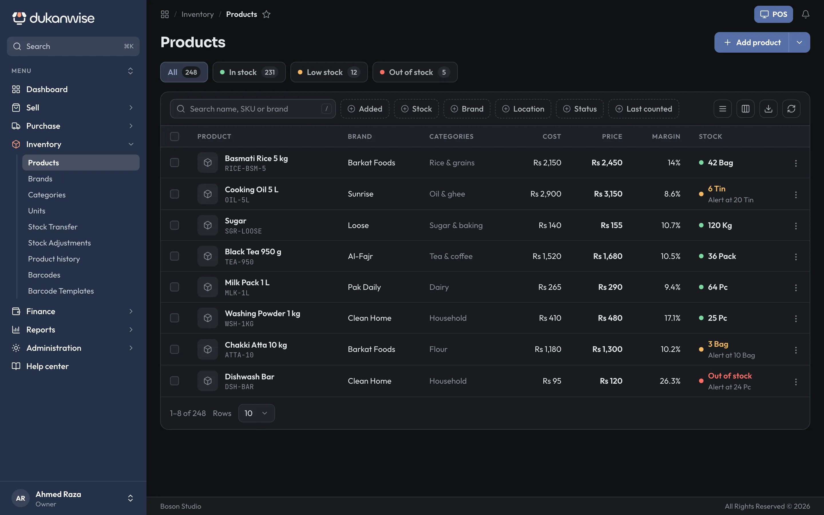 The products list with stock levels, units and prices