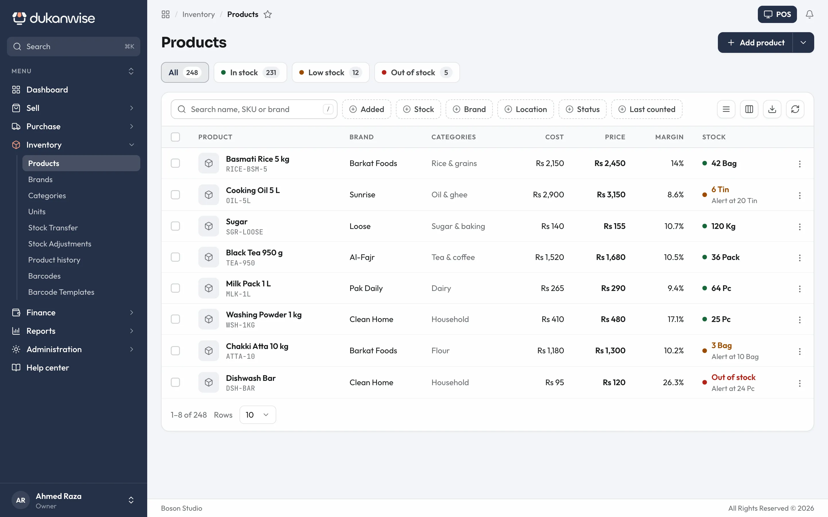 The products list with stock levels, units and prices